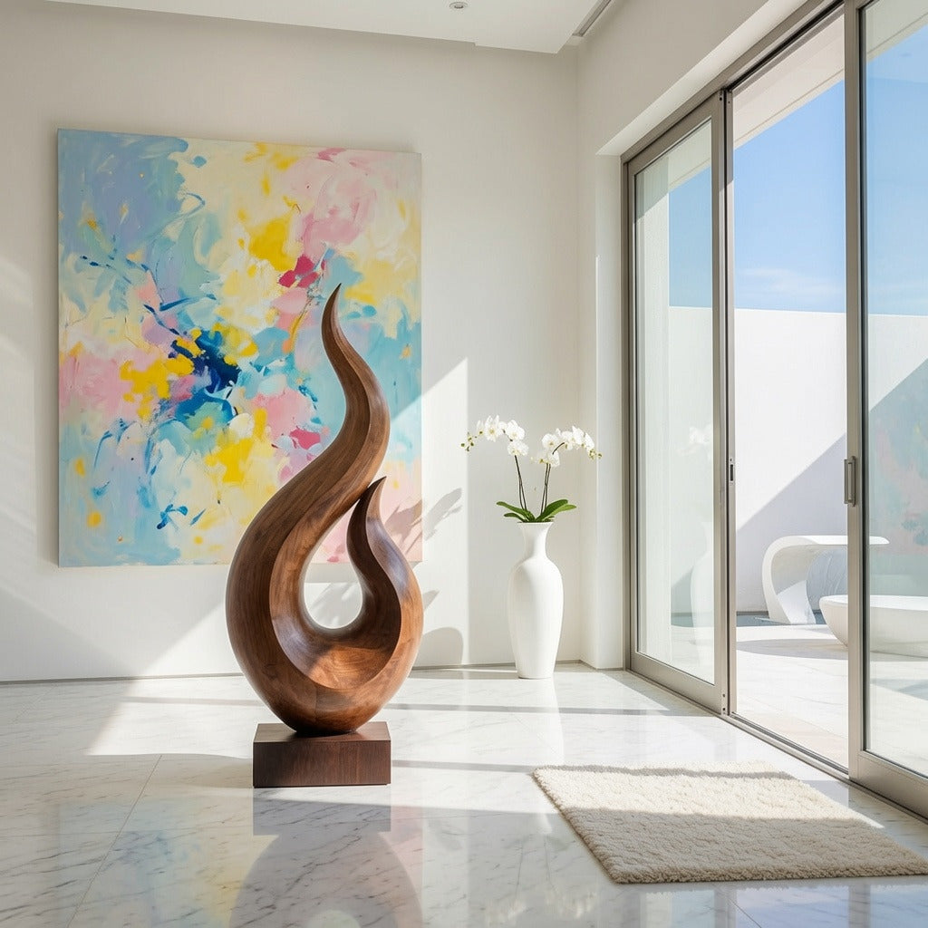 Modern abstract wood sculpture creating a focal point in a stylish interior