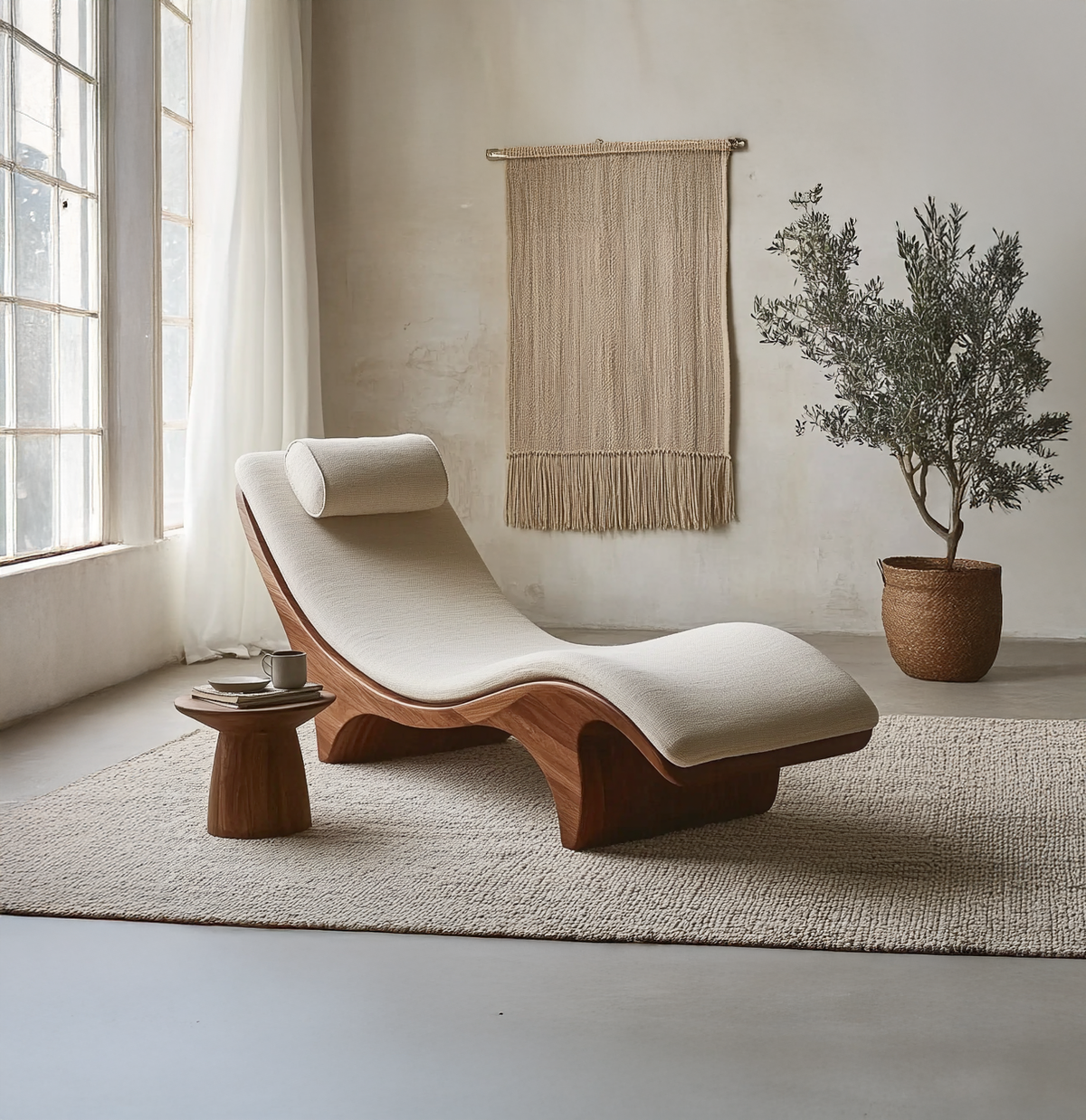 Handcrafted curved wood daybed for reading nook or spa lounge