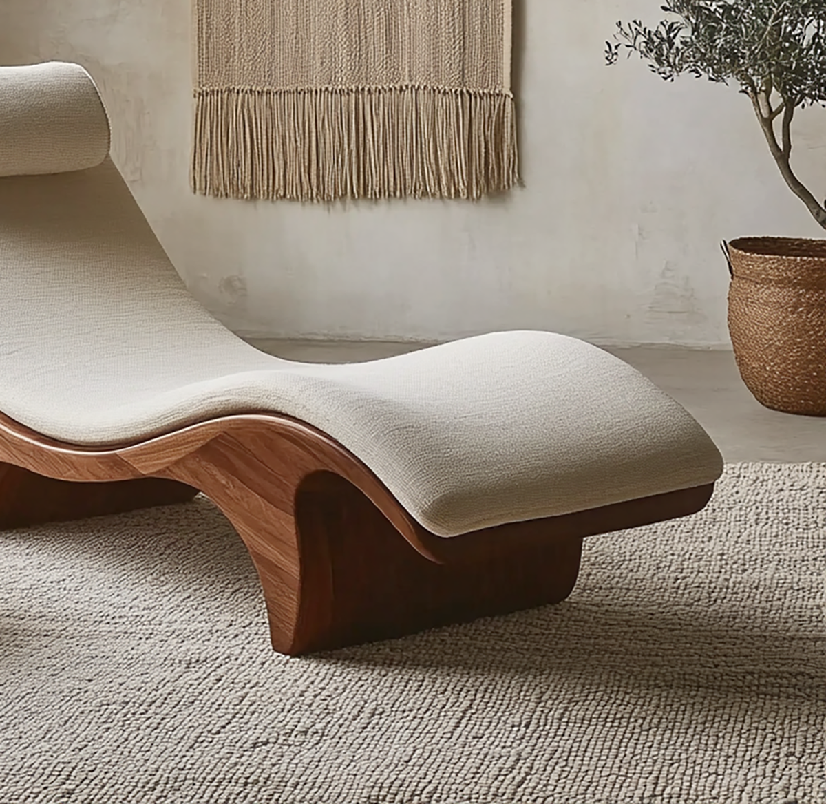 Curved wooden lounge daybed with organic sculptural design