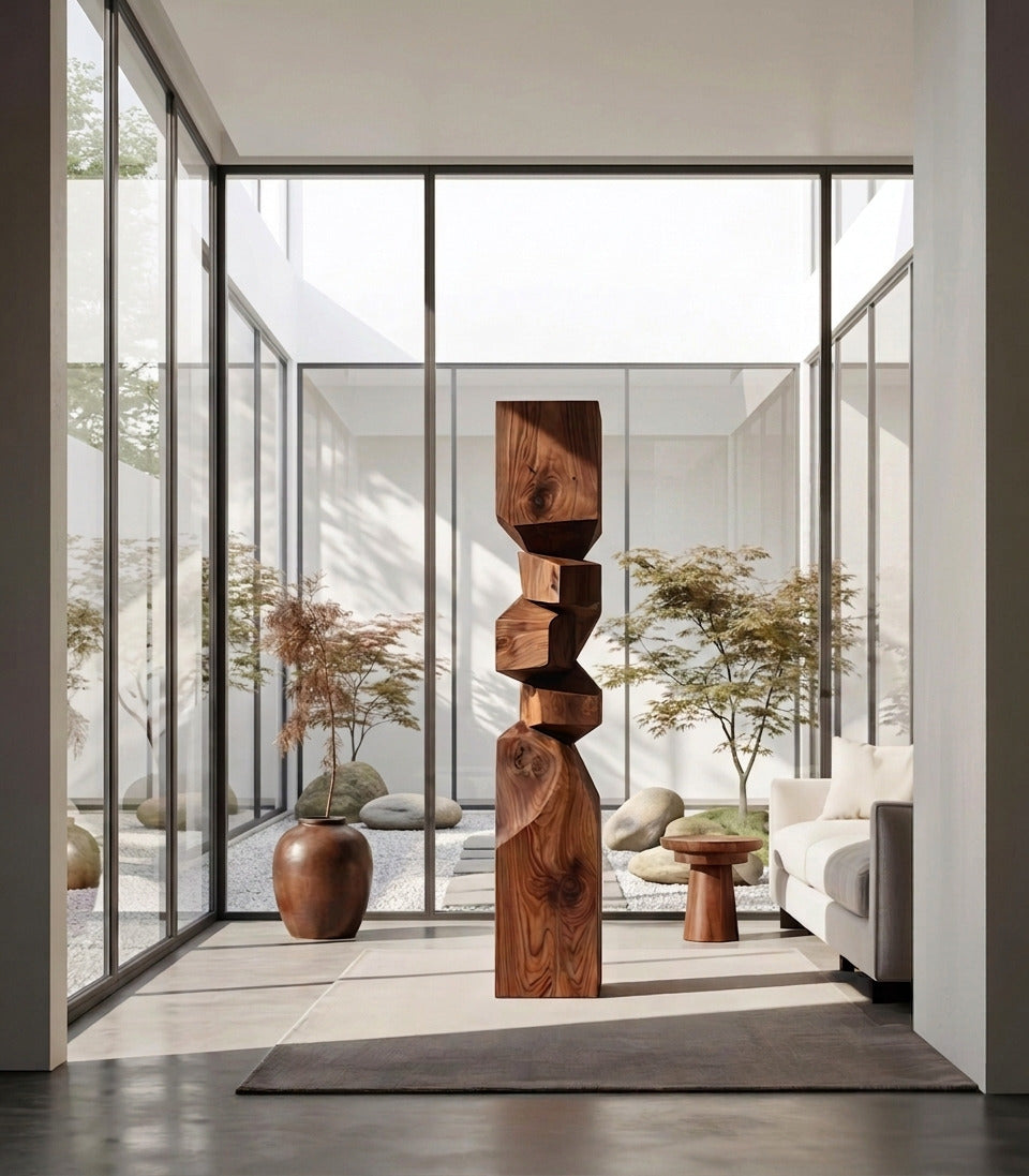 Artisan geometric wood sculpture enhancing a luxury interior