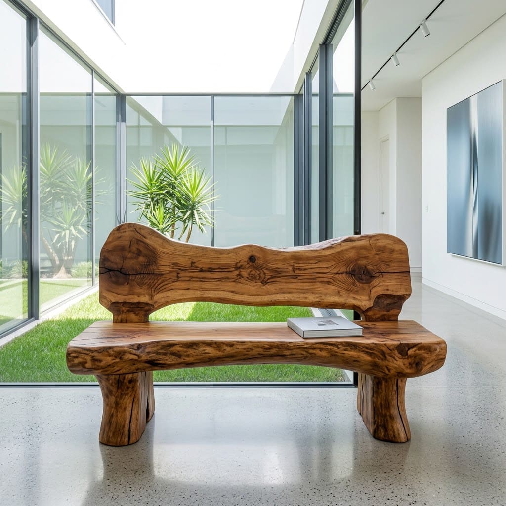 Rustic solid wood live edge garden bench styled in a lush backyard patio
