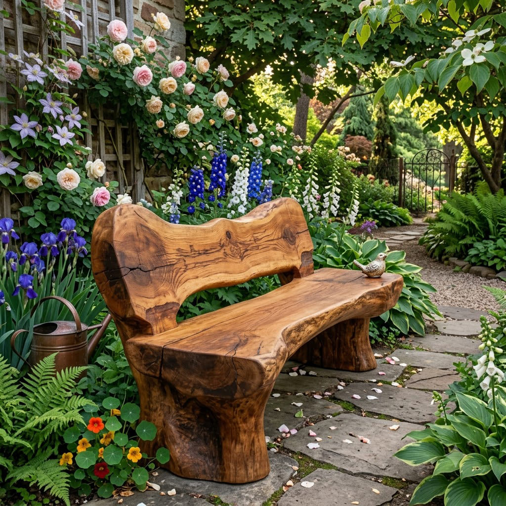 Organic natural wood curved outdoor settee styled beside a modern garden pond