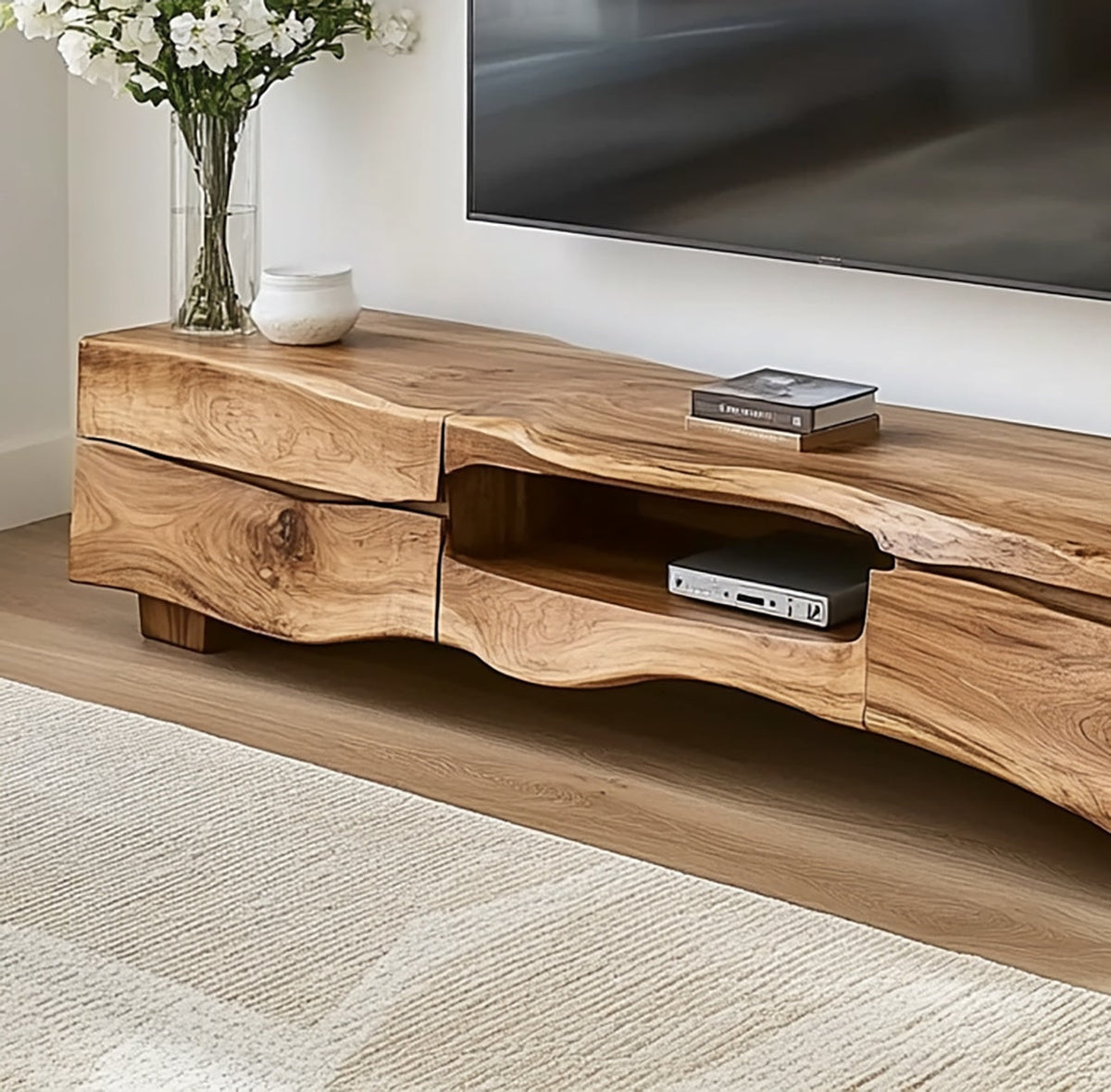 Organic solid wood TV cabinet featuring natural live edge details and functional storage