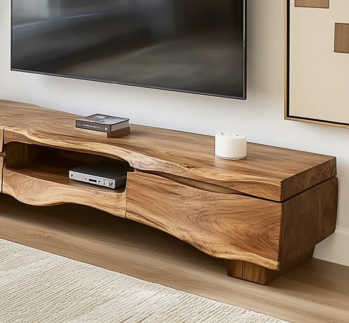 Organic solid wood TV cabinet featuring natural live edge details and functional storage
