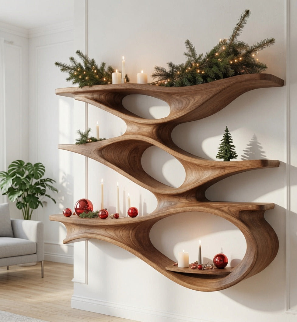 Handcrafted organic solid wood floating shelf in a modern living room