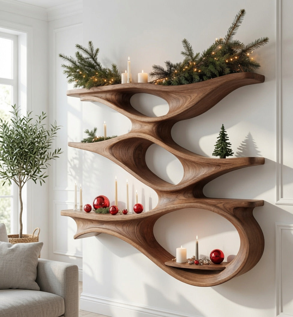 Sculptural floating wooden shelf showcasing décor in a modern living space
