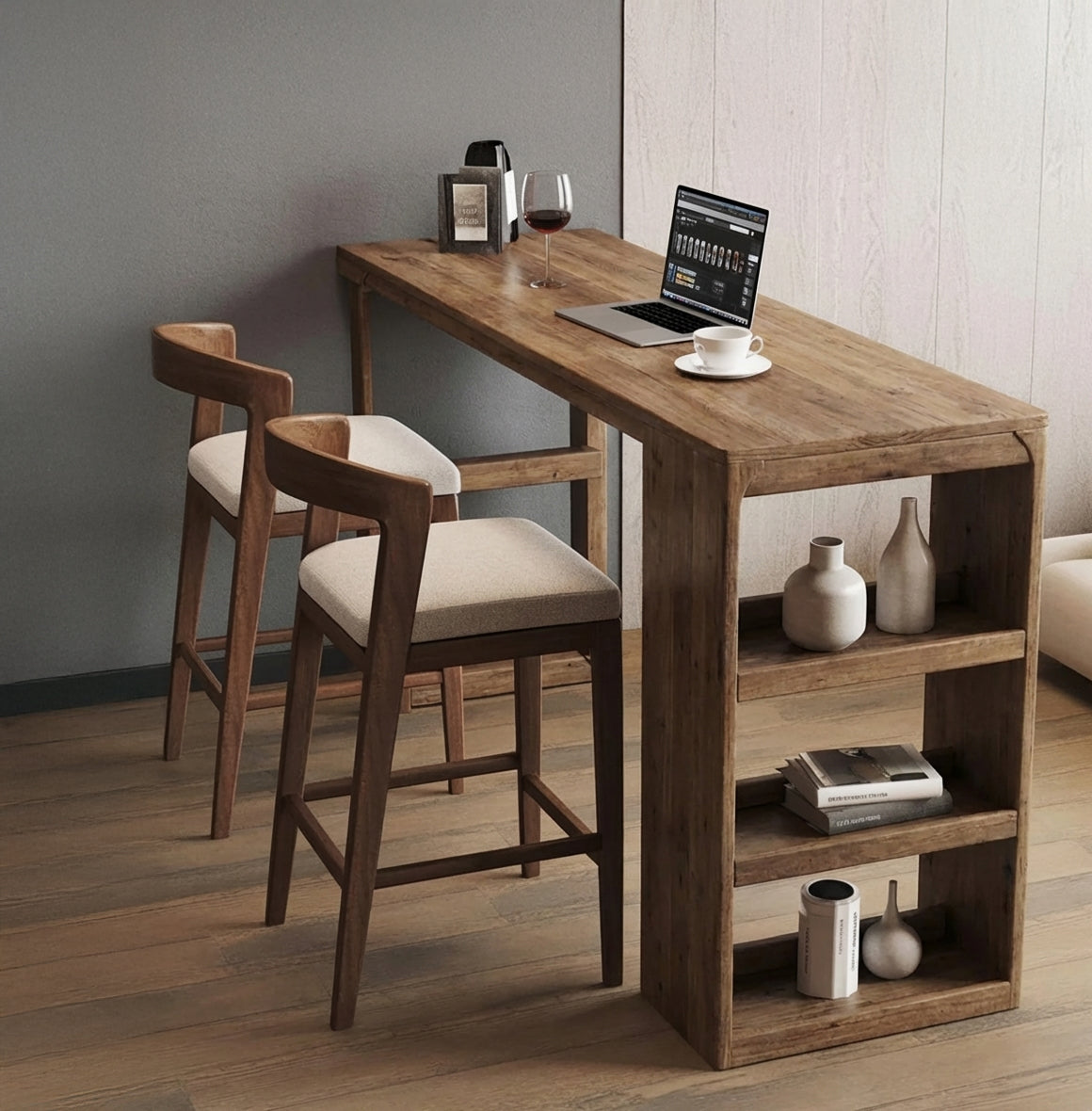 Japandi bar table featuring a sleek natural wood countertop, integrated shelving, and a laptop setup