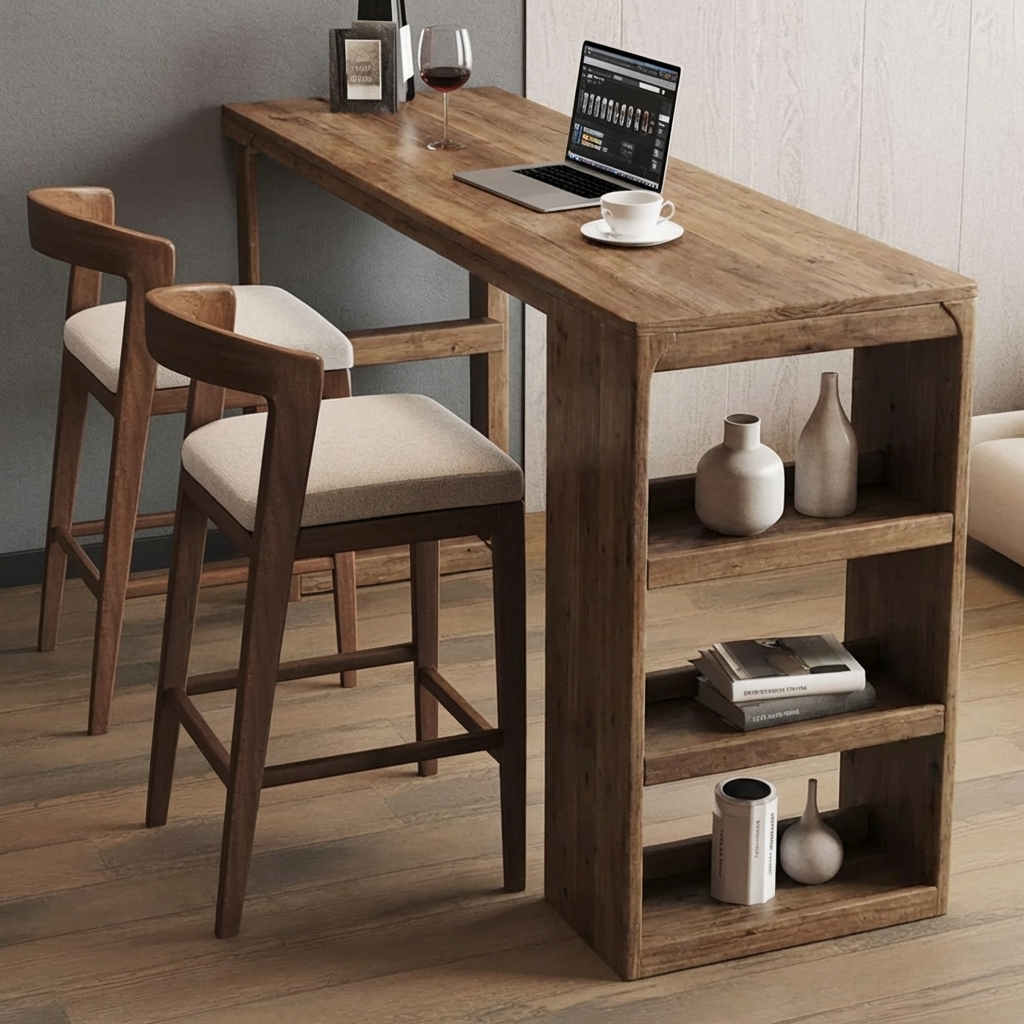 Japandi bar table featuring a sleek natural wood countertop, integrated shelving, and a laptop setup