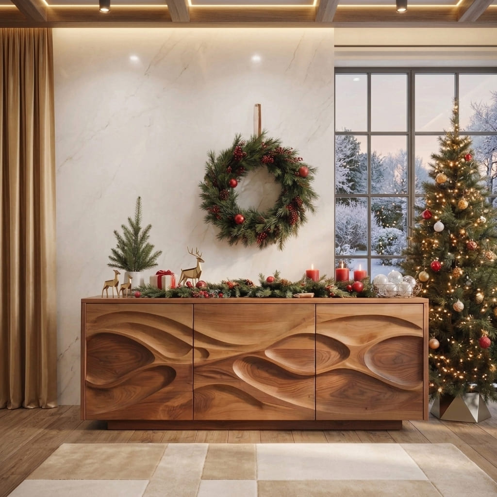 Handcrafted sculptural Christmas sideboard in solid wood