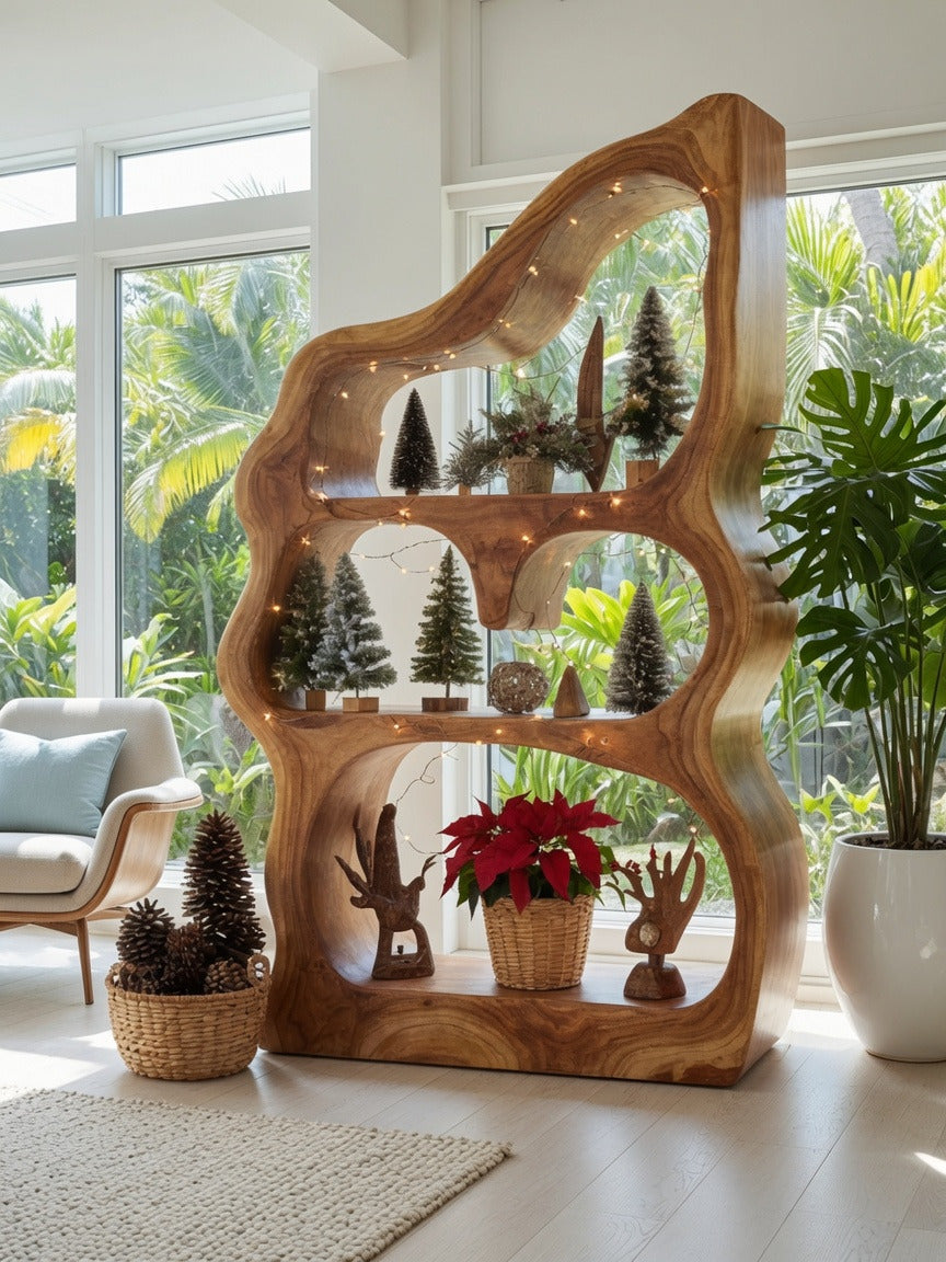 Handcrafted sculptural solid wood bookcase in a modern living room