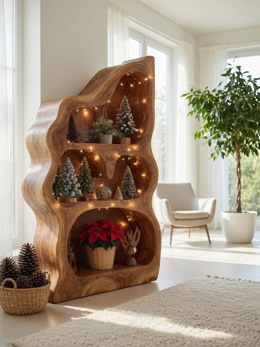 Modern solid wood standing shelf enhancing a luxury apartment