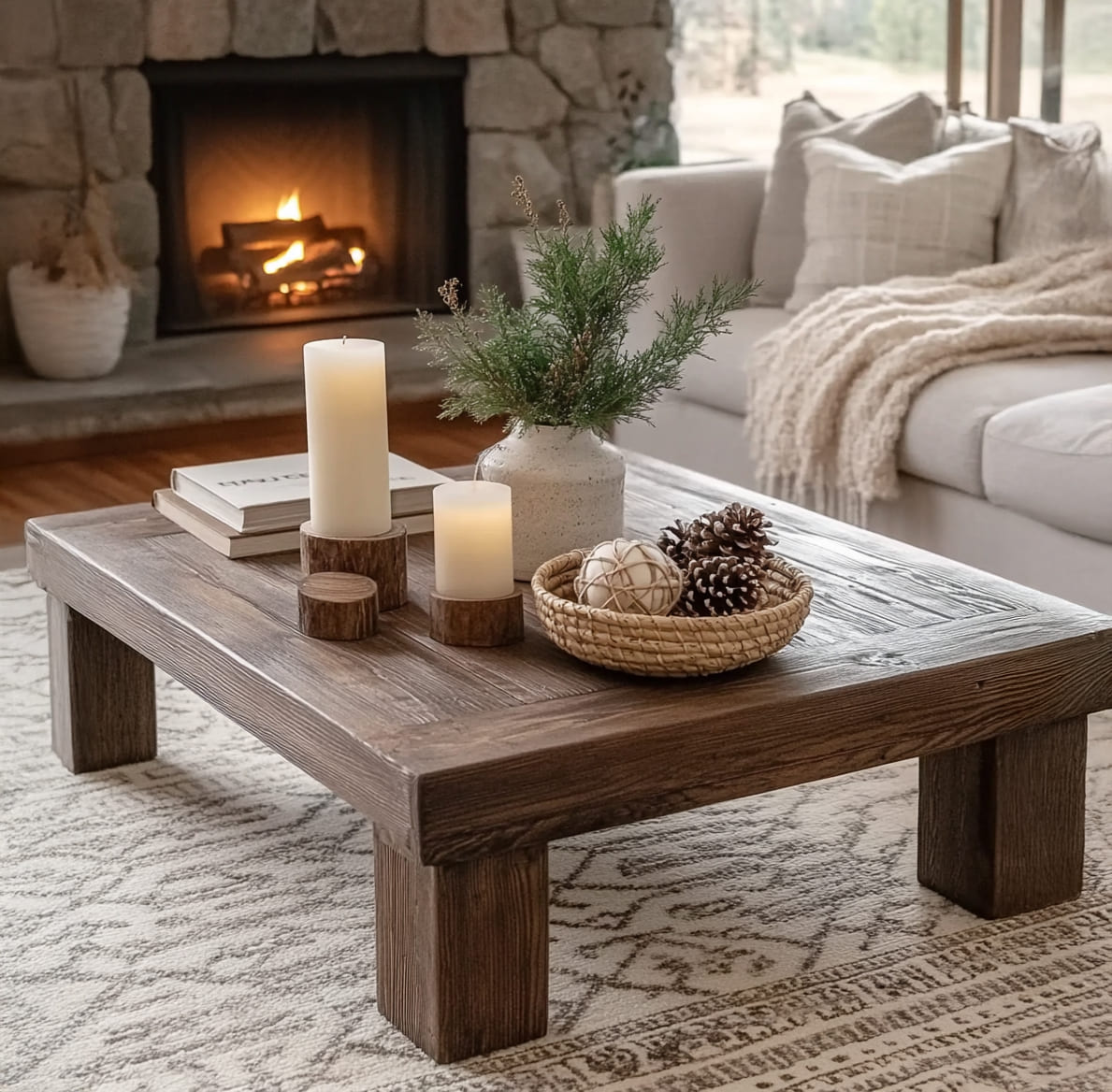Modern solid wood coffee table in a minimalist living space