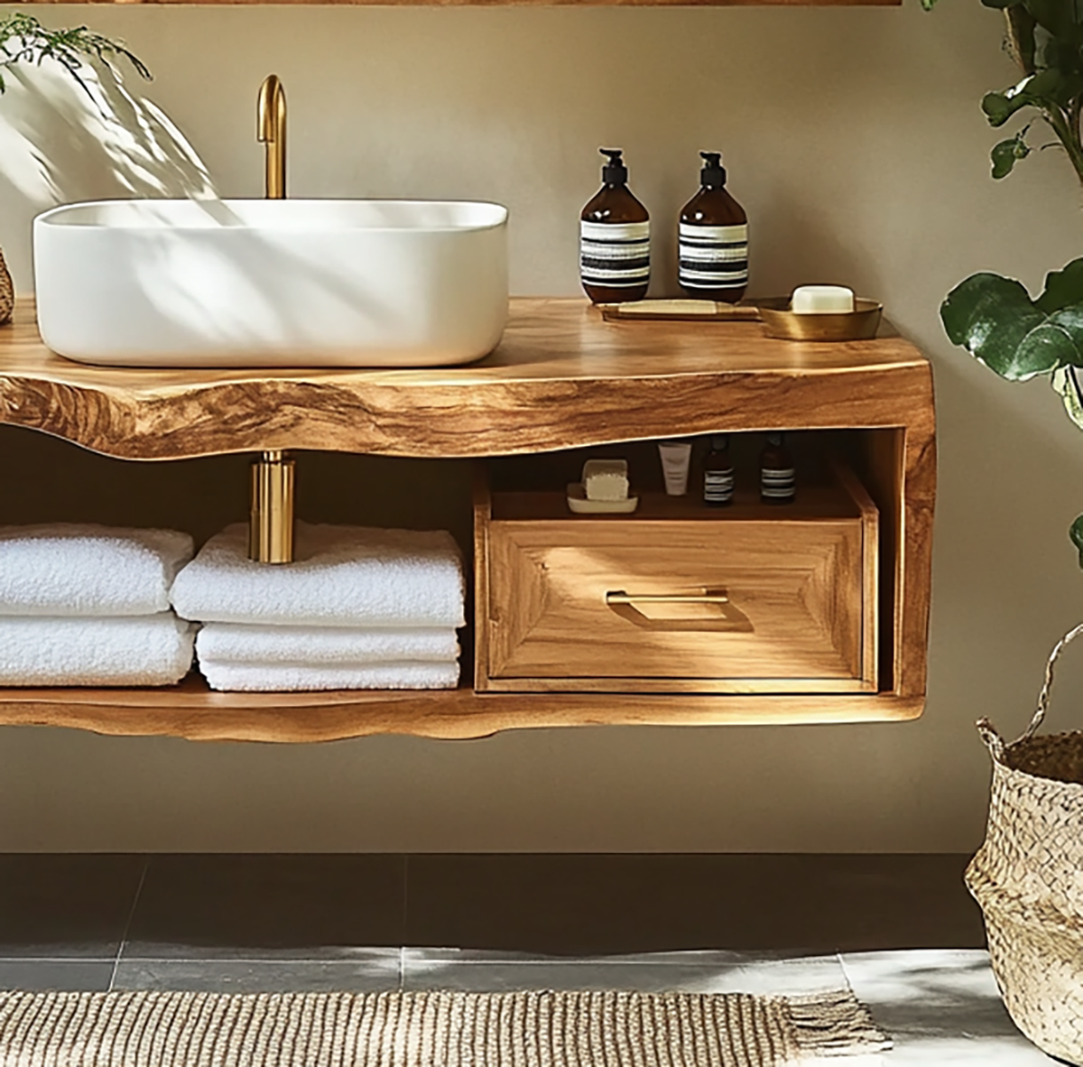 Handcrafted Solid Wood Floating Vanity Unique Live Edge Design