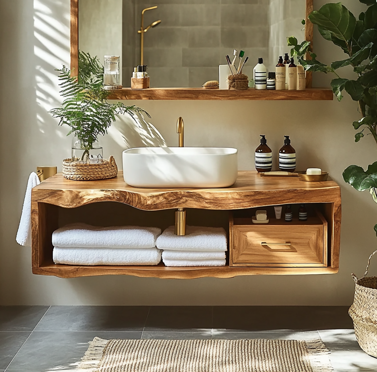 Handcrafted Solid Wood Floating Vanity Unique Live Edge Design