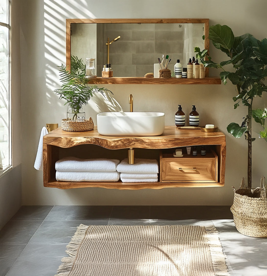 Handcrafted Solid Wood Floating Vanity Unique Live Edge Design