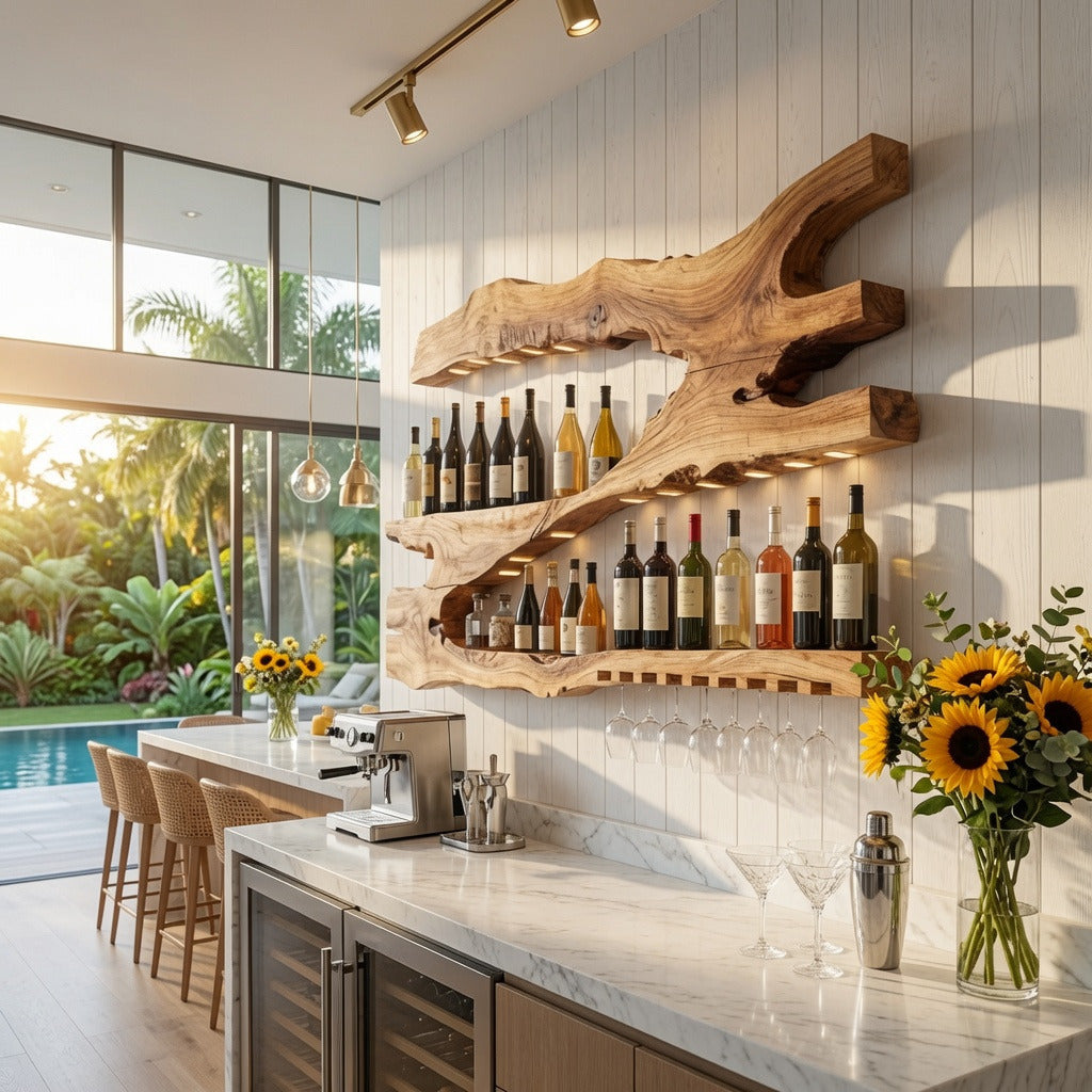 Rustic wooden wine wall accent enhancing a dining room