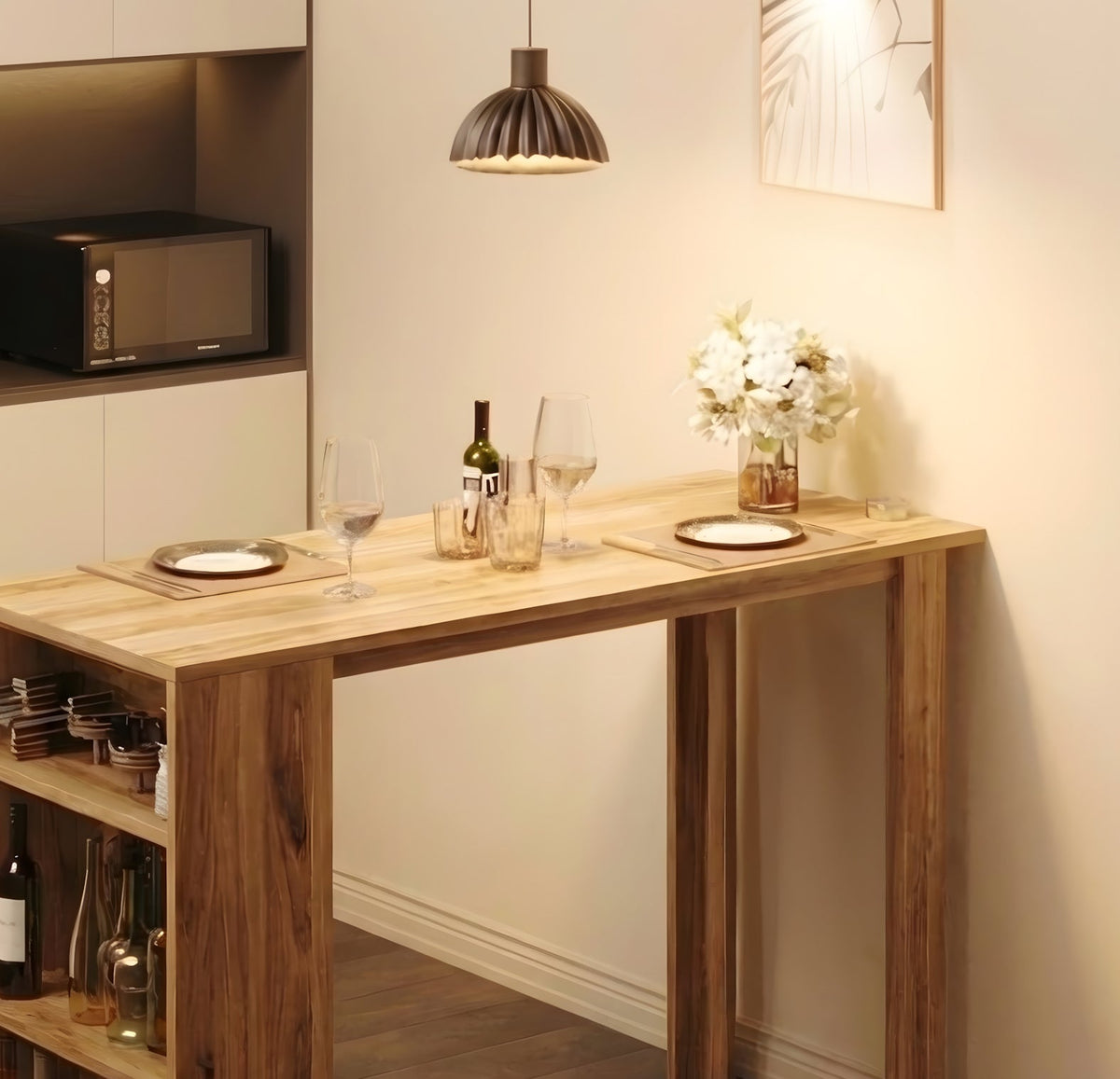 Natural wood bar table shelf stacked with wine bottles under warm ambient hanging lights