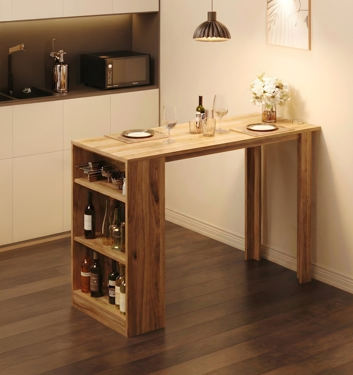 Natural wood bar table shelf stacked with wine bottles under warm ambient hanging lights