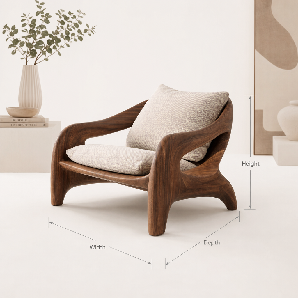 Artisan sculptural solid wood lounge chair for accent bedroom seating