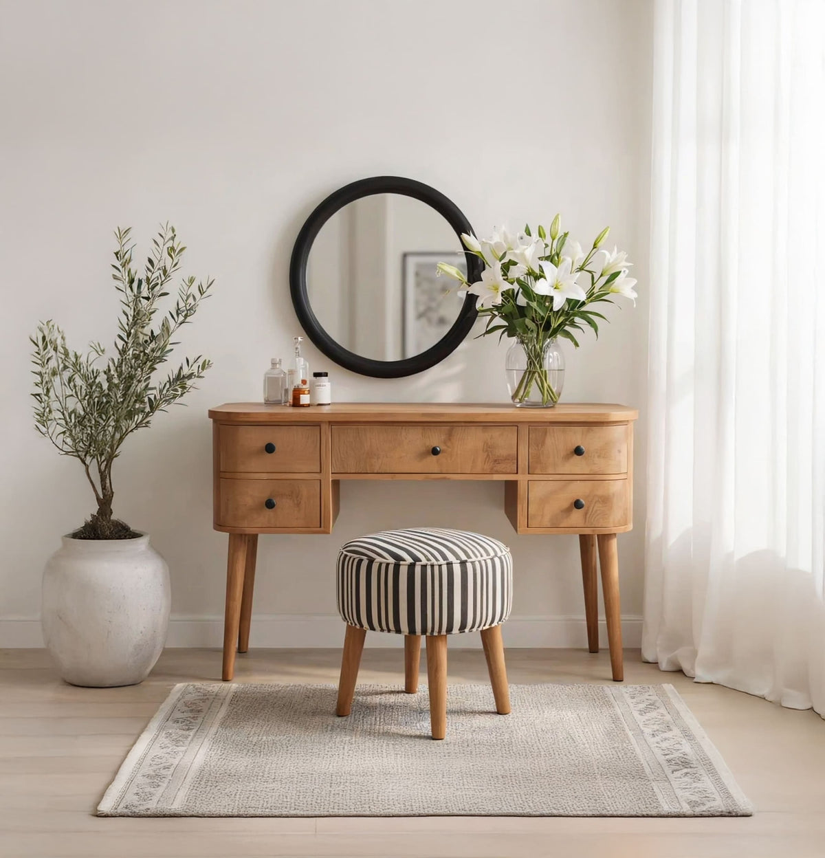 Handmade vanity table with drawers styled in a cozy bedroom setting