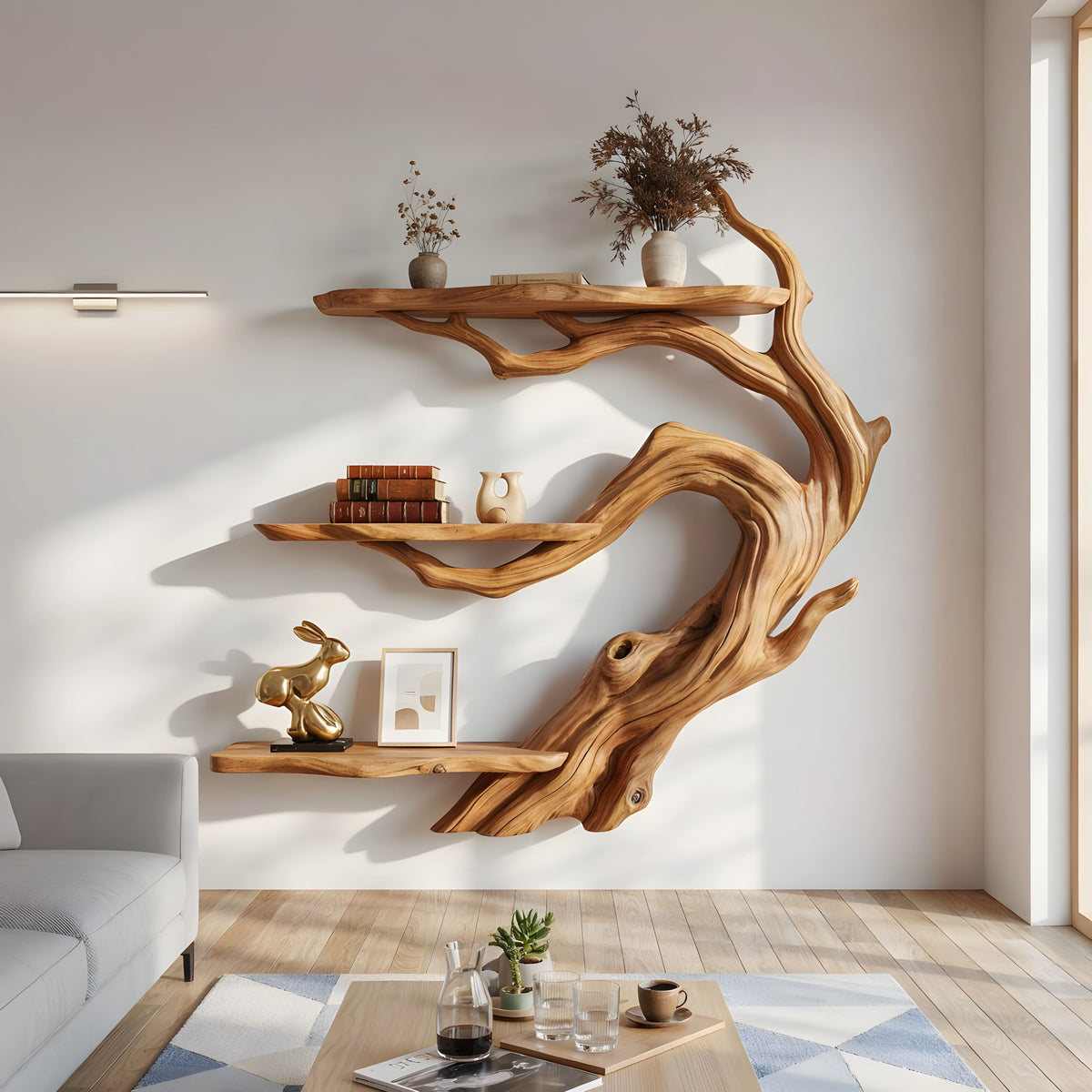 Japandi live edge bonsai branch wall shelf in solid wood