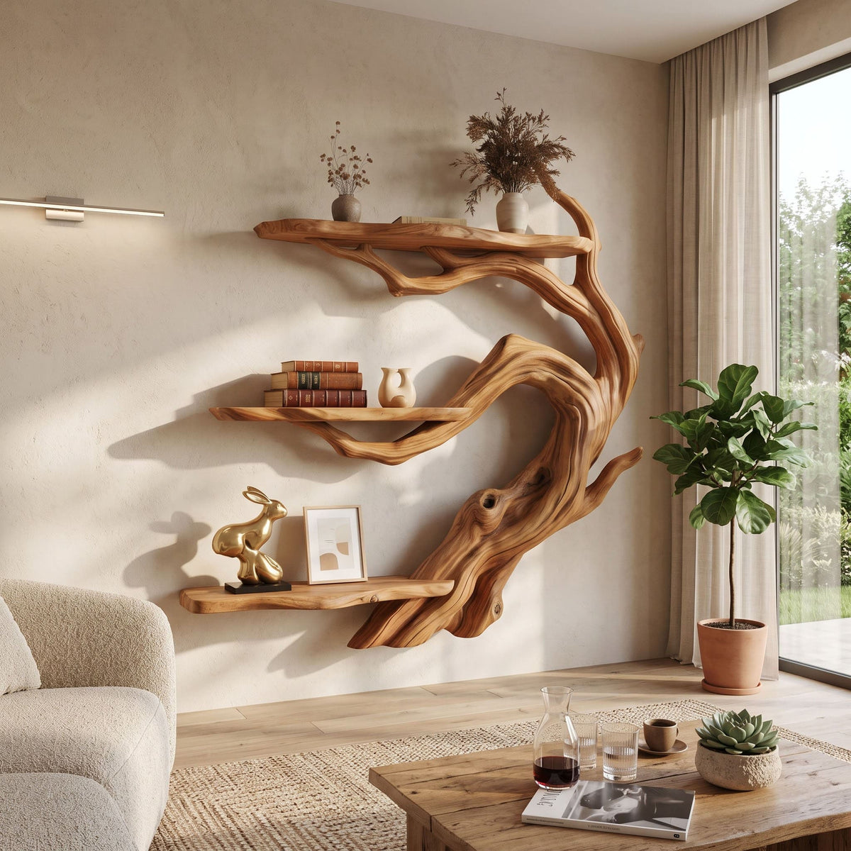 Sculptural natural wood 3-tier art display shelf for a calm tea room nook