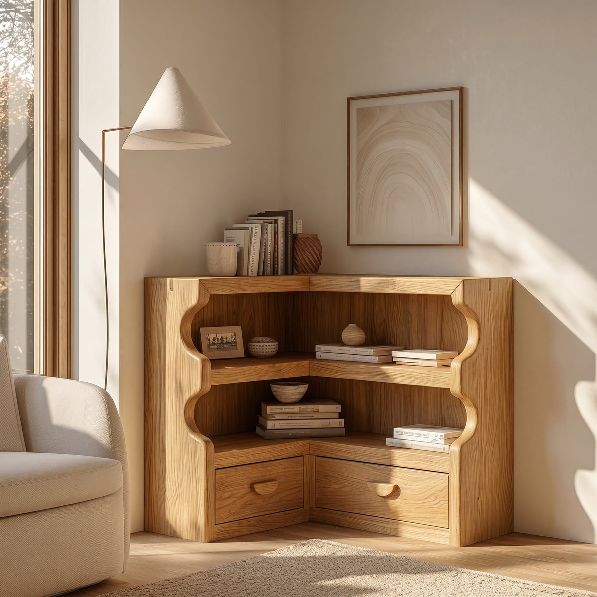Japandi scalloped corner bookshelf in solid wood