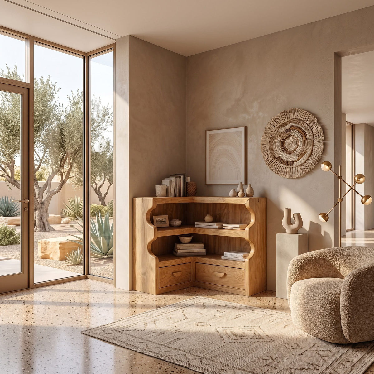 Sculptural solid wood scalloped credenza enhancing a Japandi living space