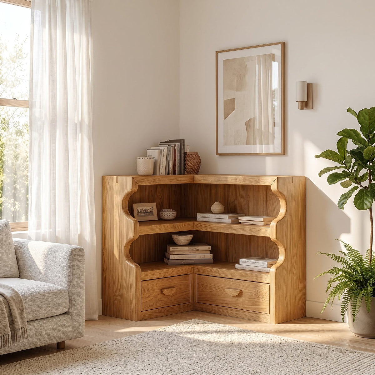 Japandi solid wood bookshelf and display credenza showcased in an elegant interior