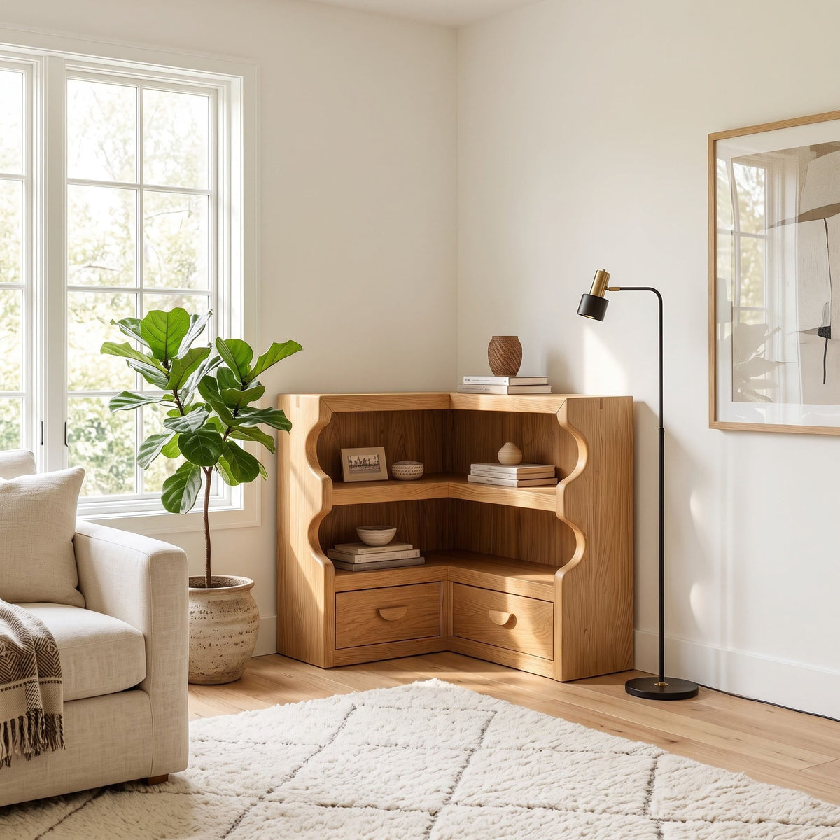 Sculptural solid wood scalloped credenza enhancing a Japandi living space