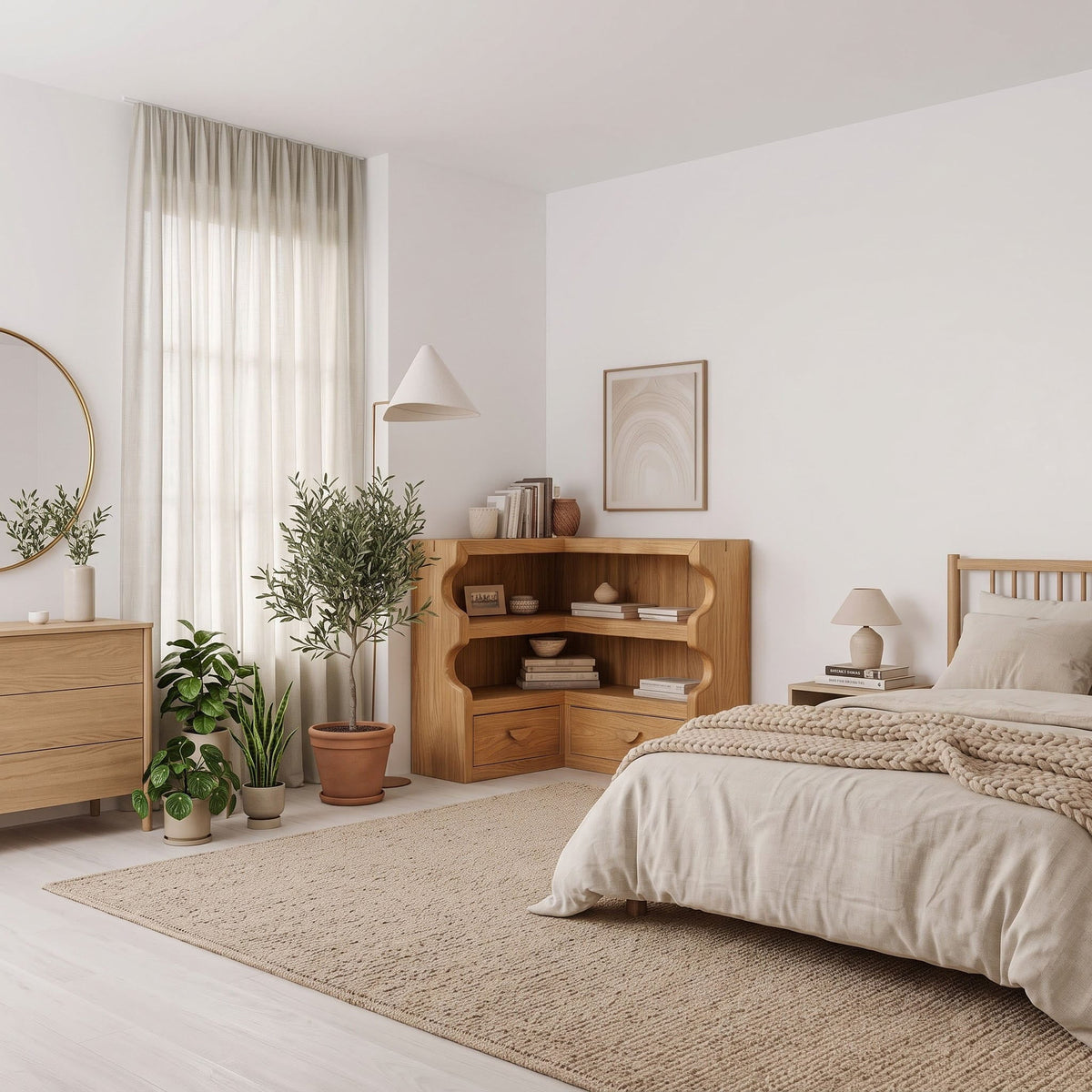 Organic solid wood corner bookshelf with low display storage in a modern bedroom