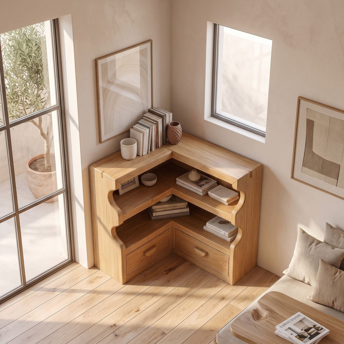 Japandi solid wood scalloped corner bookshelf in a contemporary bedroom