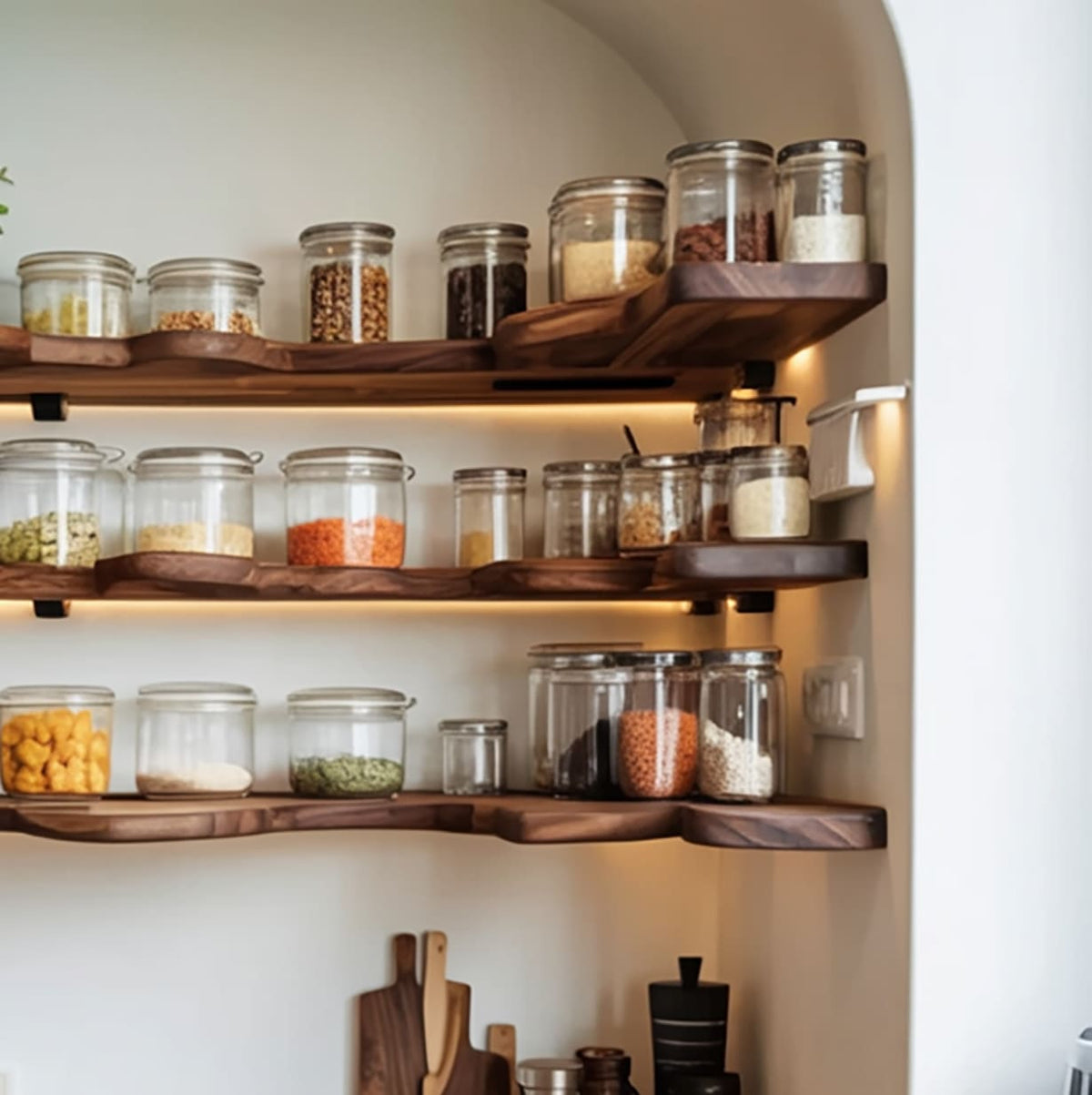 Handcrafted L-shape wooden wall shelf with integrated warm LED illumination