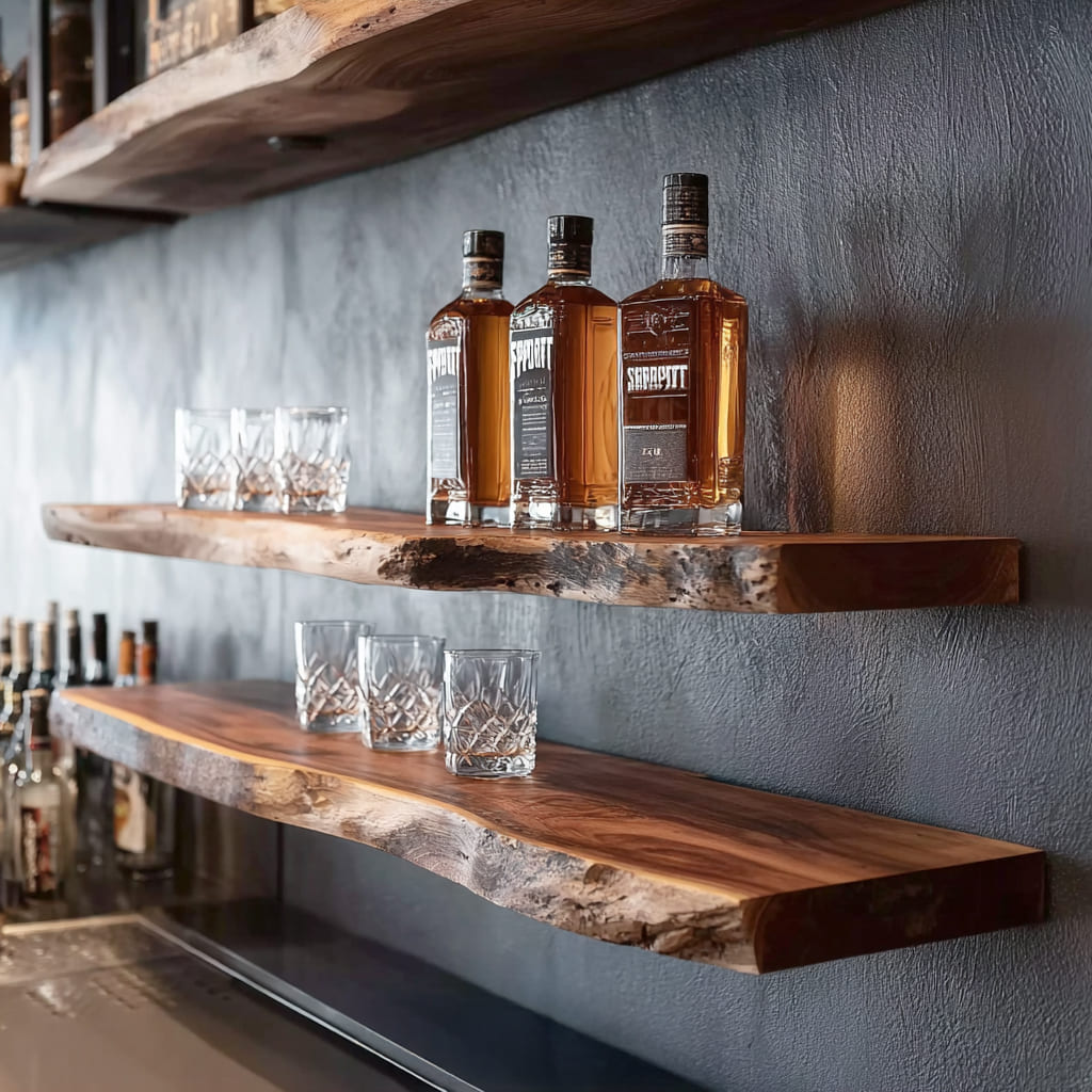 Handcrafted whiskey and glass display shelf in solid wood