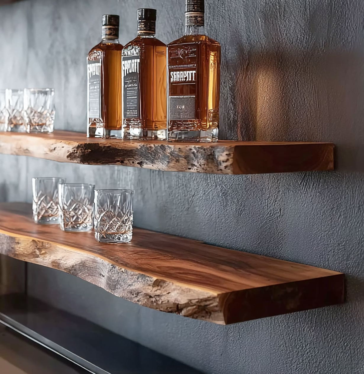 Modern floating bar shelf with live edge design