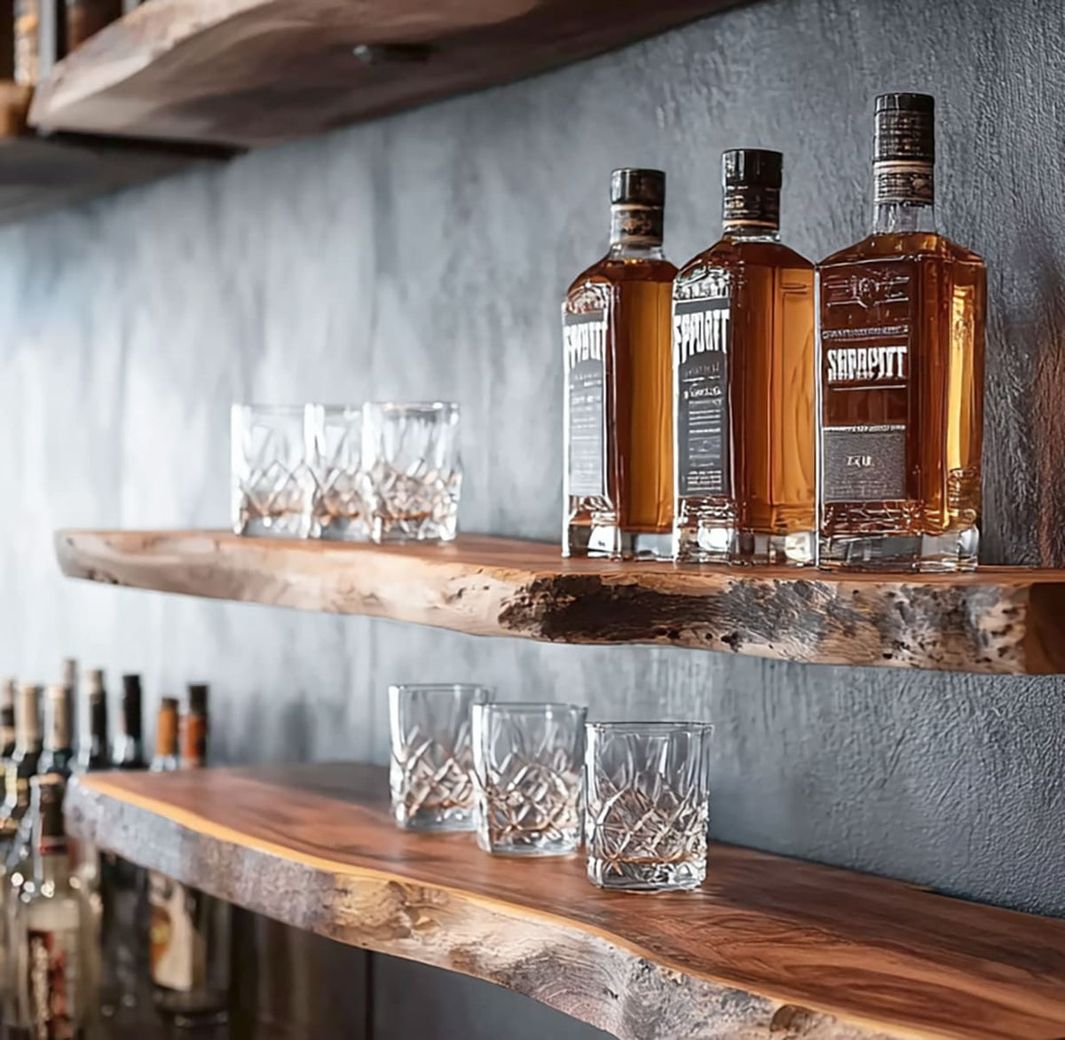Rustic live edge whiskey display shelf crafted from natural hardwood