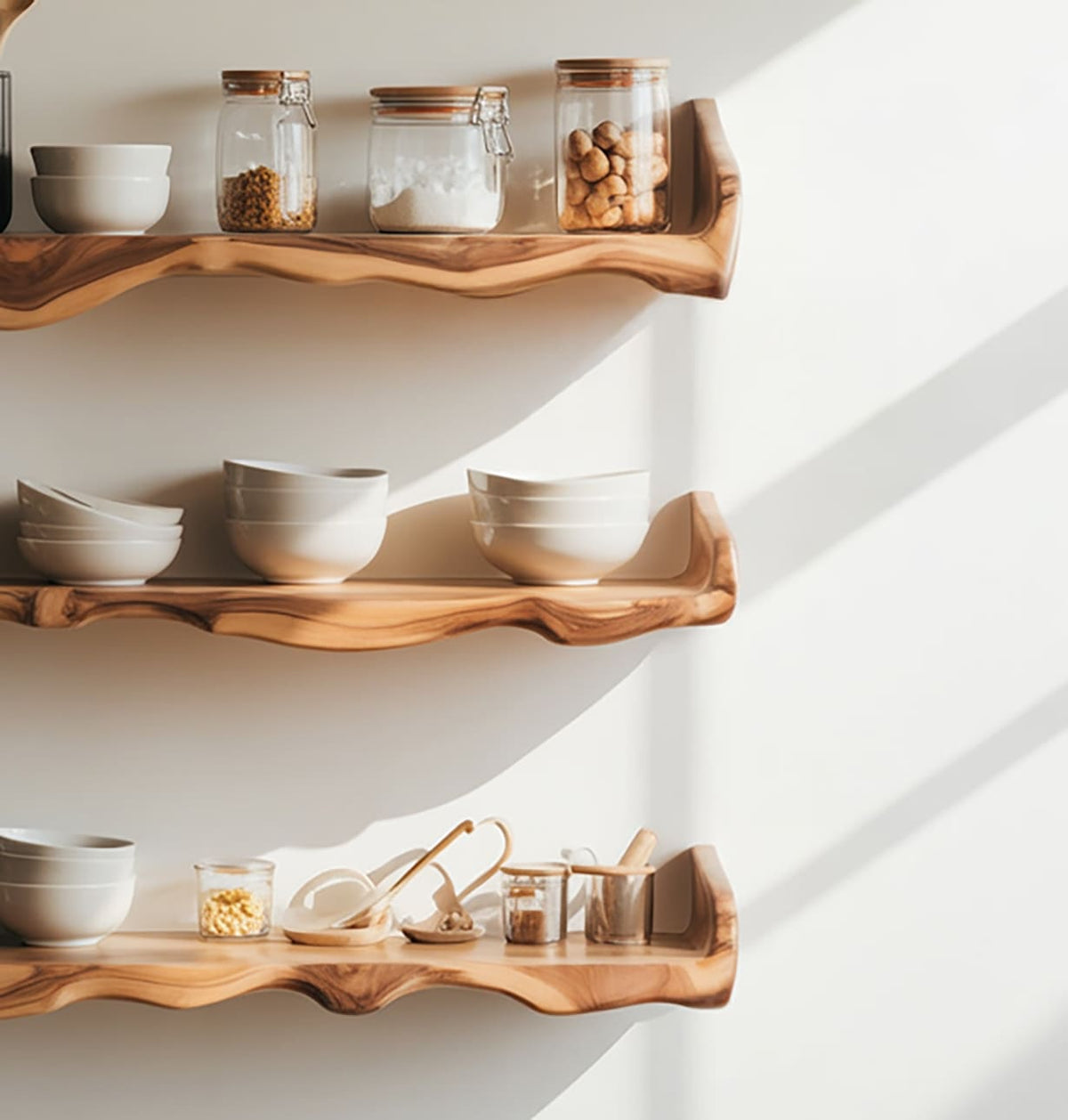 Rustic live edge wall shelf in natural hardwood