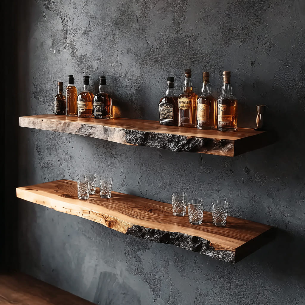 Handcrafted floating whiskey wall shelves displaying bottles and glassware