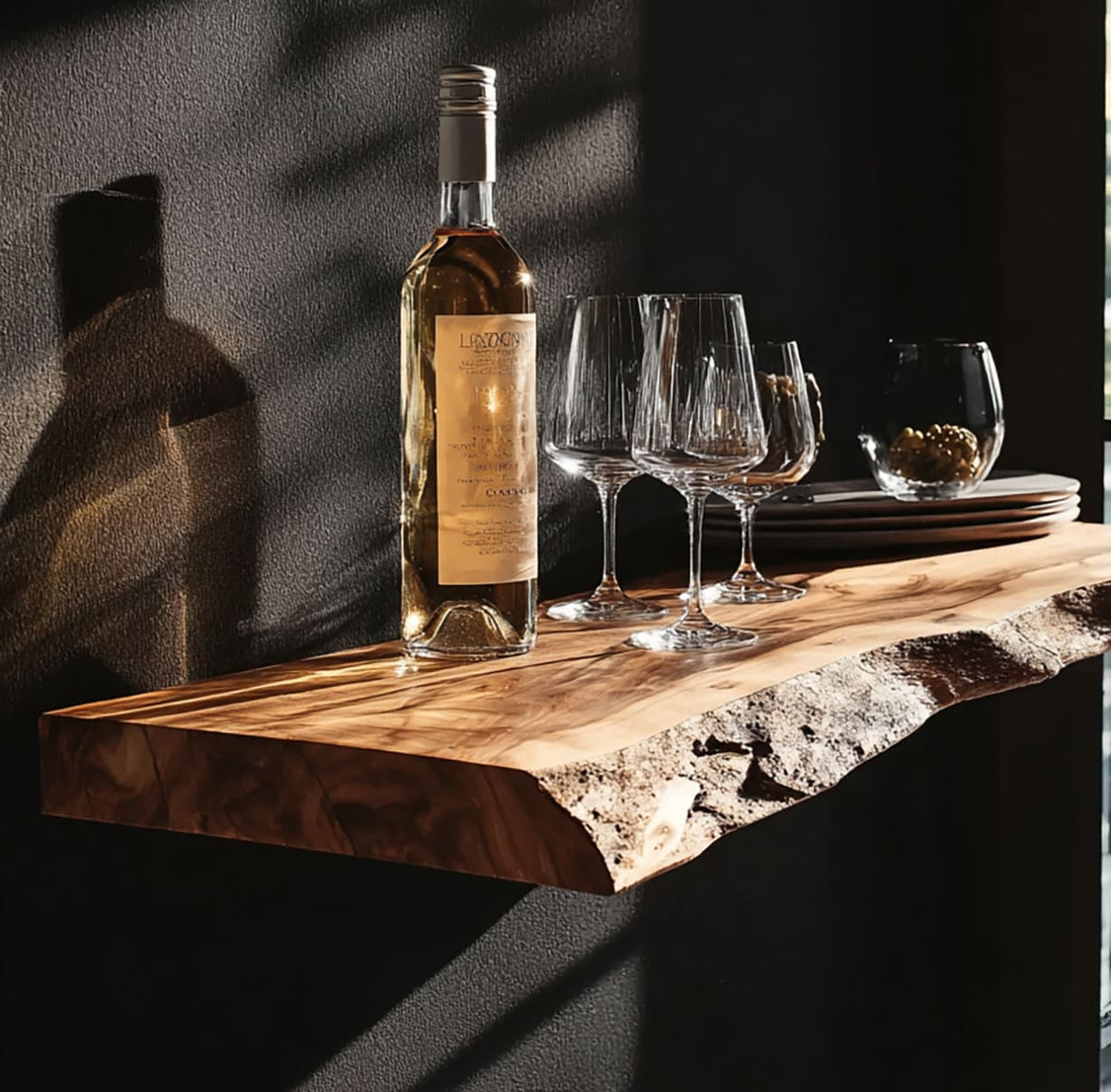 Modern floating wine shelf with natural edge