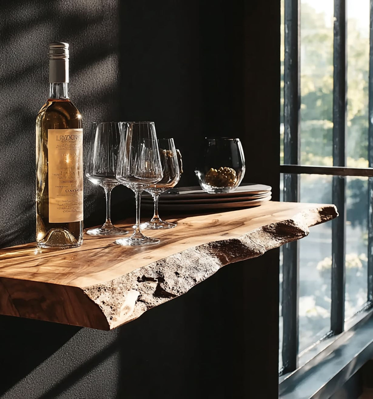 Handmade solid wood wall shelf for wine and glassware