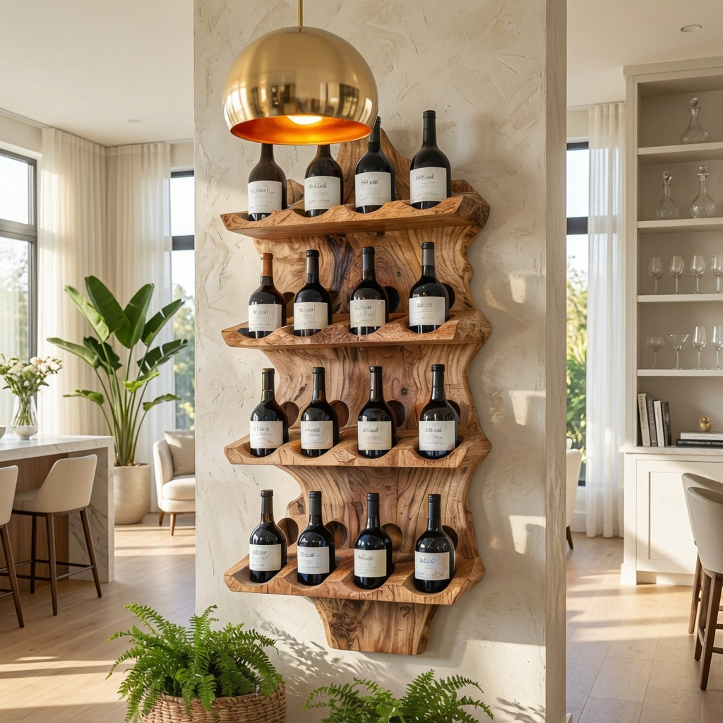 Live edge sculptural solid wood wine rack in a modern dining room