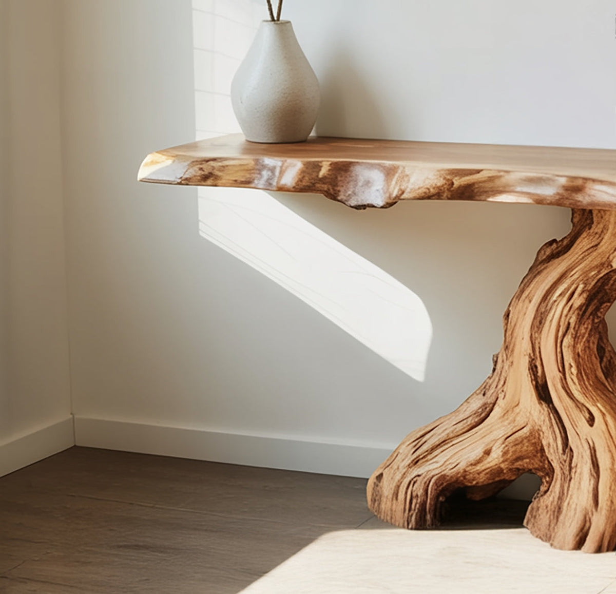 Organic tree trunk console table featuring natural live edge wood grain