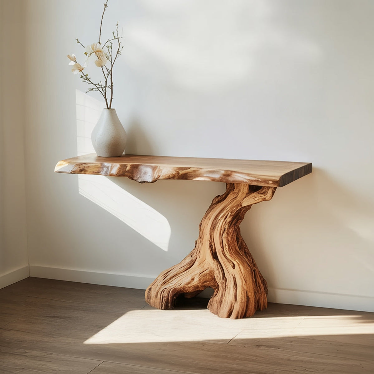 Sculptural live edge console table crafted from premium solid wood