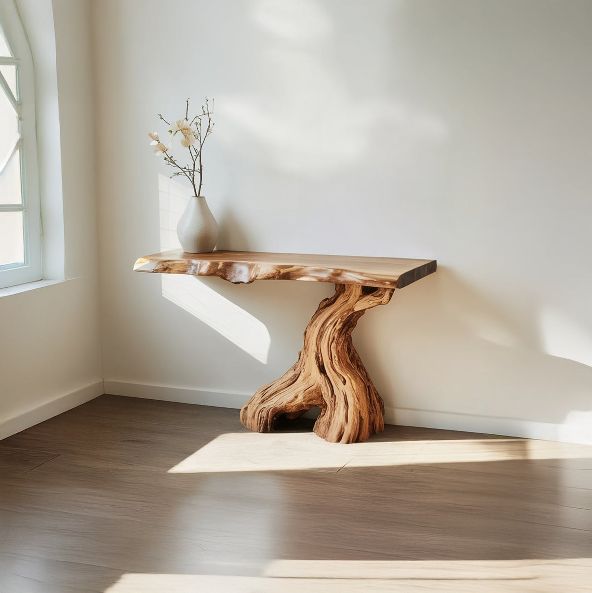 Modern rustic solid wood console table with sculptural tree trunk base in an elegant entryway