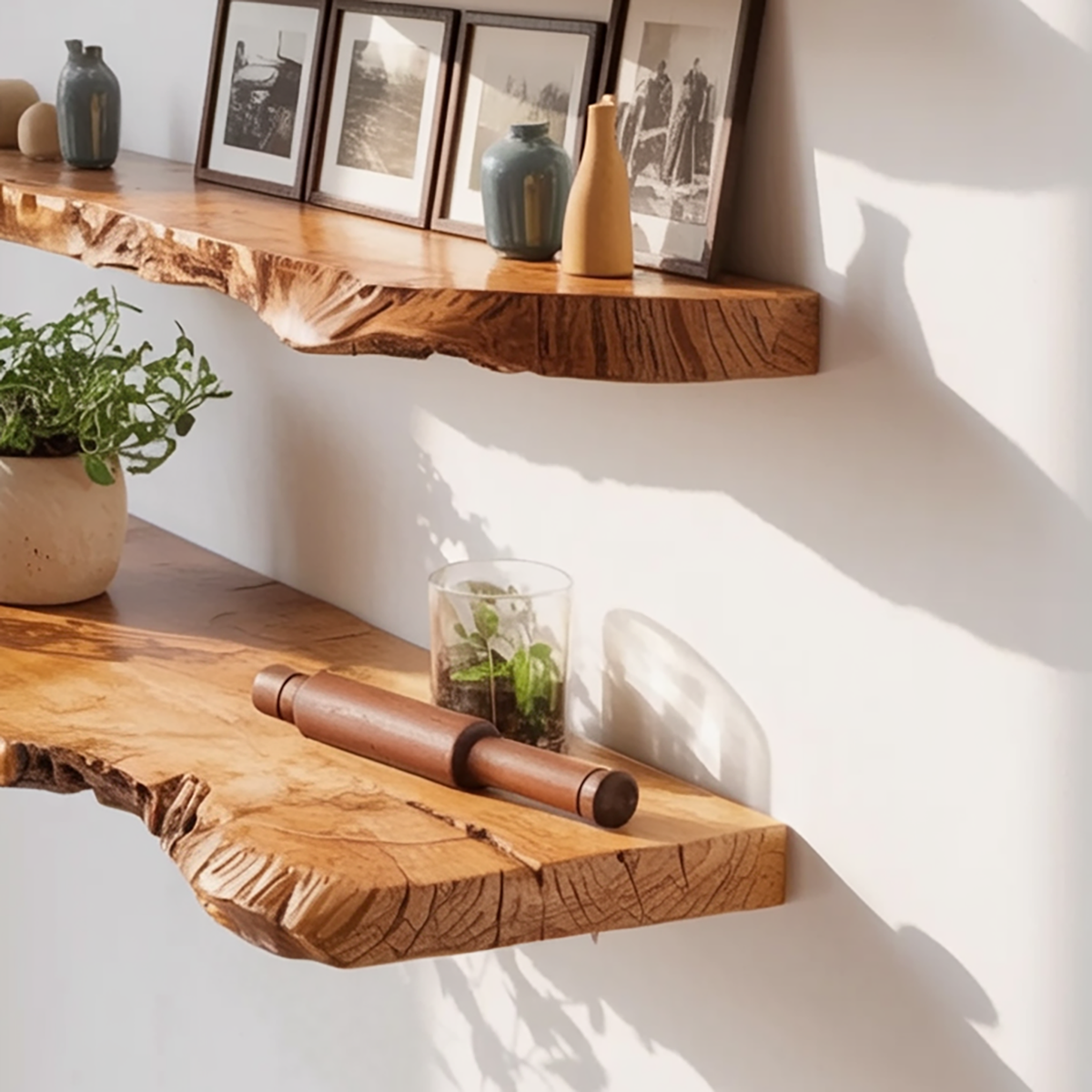 Handcrafted wooden floating shelf with natural live edge