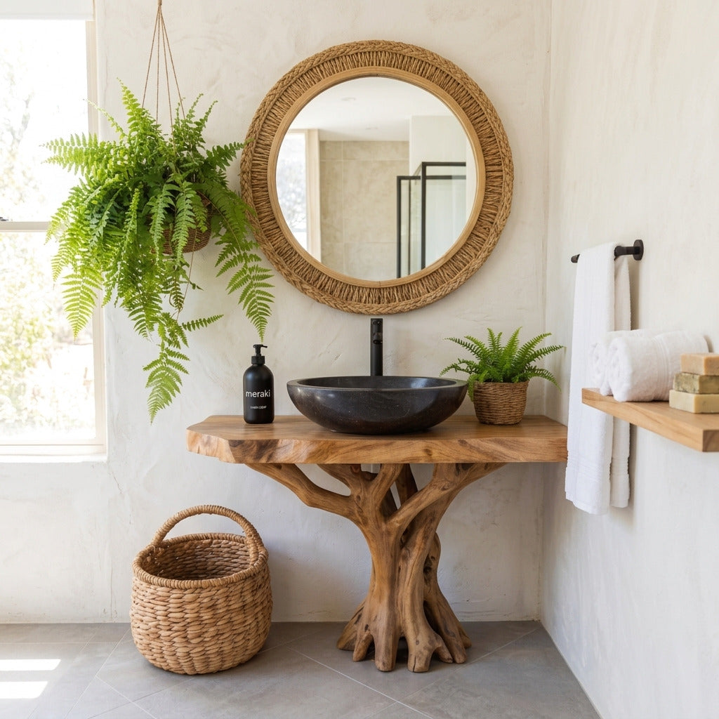 Live edge tree root bathroom vanity base in solid wood