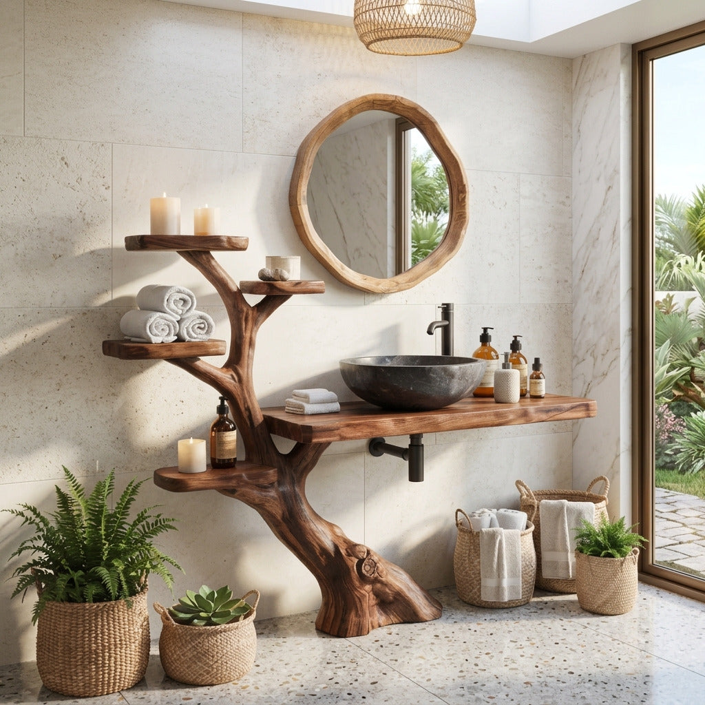 Rustic live edge wooden vanity base in a spa-inspired bathroom