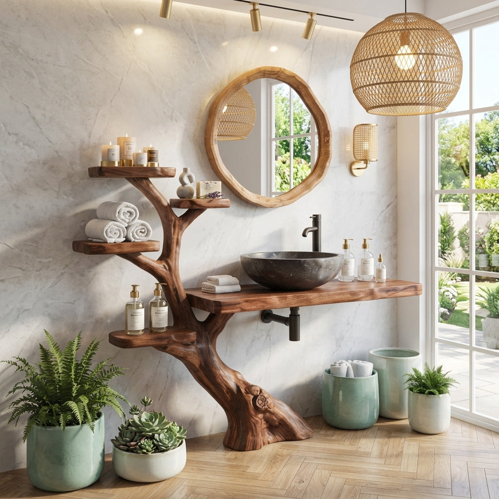 Handcrafted tree root vanity base enhancing a minimalist bathroom