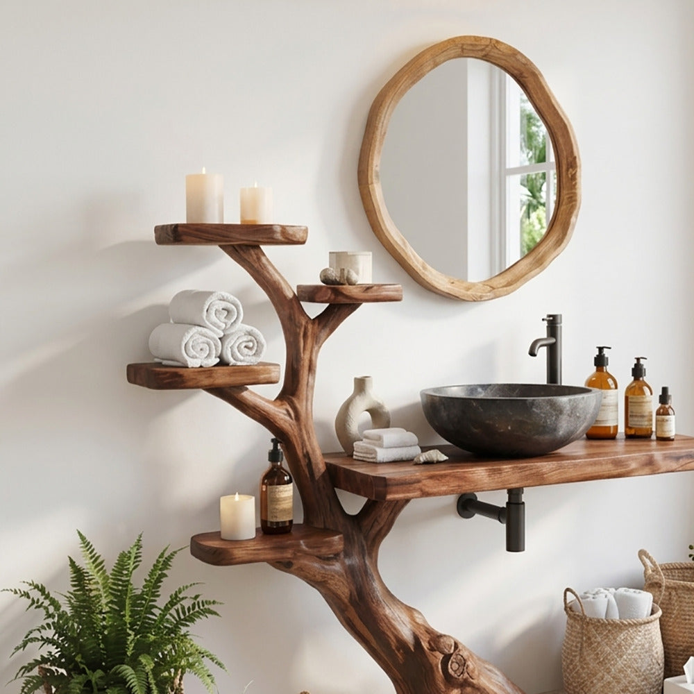 Handcrafted solid wood vanity base with tree root design
