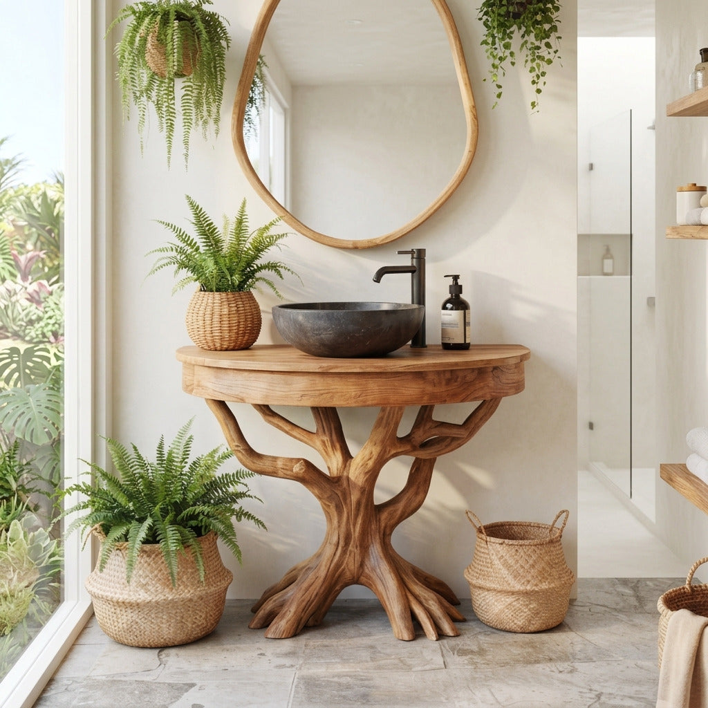 Tree root solid wood vanity for lavabo in a minimalist bathroom